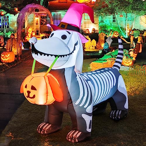 GOOSH 5.5FT Halloween Inflatable Skeleton Puppy with Pumpkin