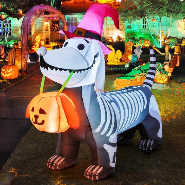GOOSH 5.5FT Halloween Inflatable Skeleton Puppy with Pumpkin