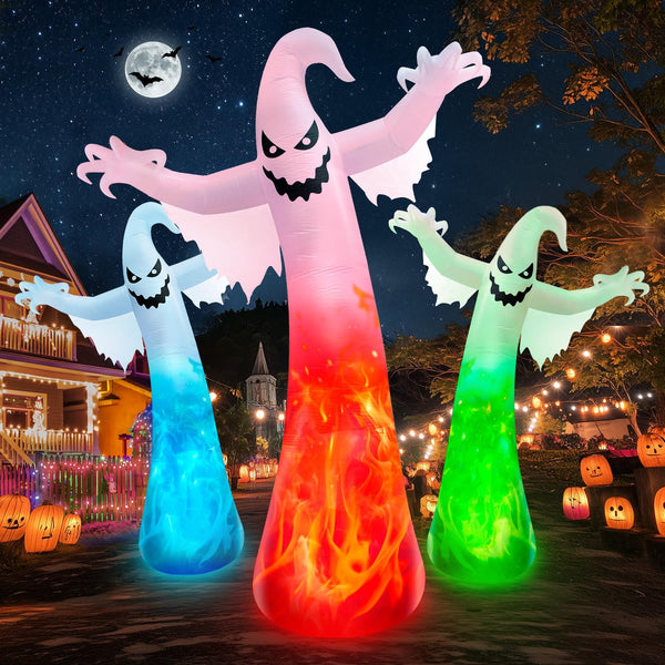 12FT Giant Halloween Inflatable Ghost with Flame LED Lights